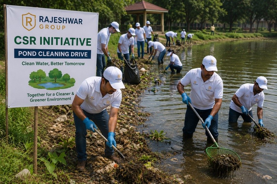 Rajeshwar Group team cleaning a pond as part of their CSR initiative